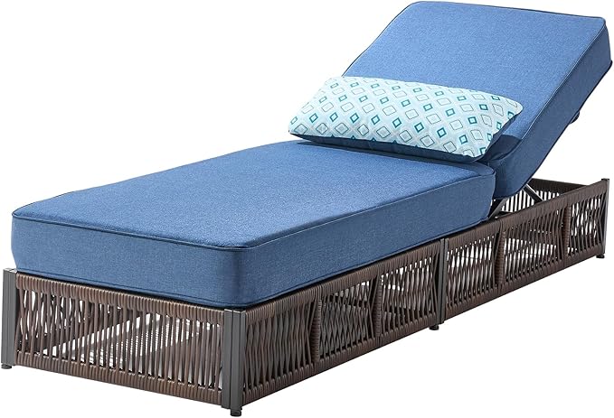 ACTREST Luxury Outdoor Chaise Lounge with 5 Inch Thickened Cushions - 1 Set High Back Brown Wicker Patio Recliners Rattan Reclining Chairs Porch Poolside Pool Sunbathing Lounger - Navy Blue