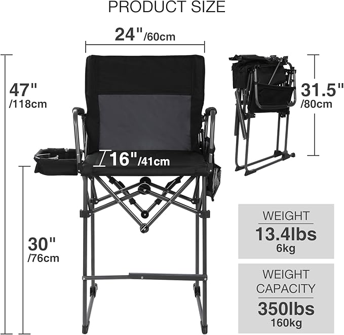 Stonehomy Portable 29" Seat Height Tall Folding Camping Chair High Foldable Directors Chair Bar Height Stool with Side Table and Storage Bag for Makeup Artist, Lawn,Craft Show,Supports 350LBS Black