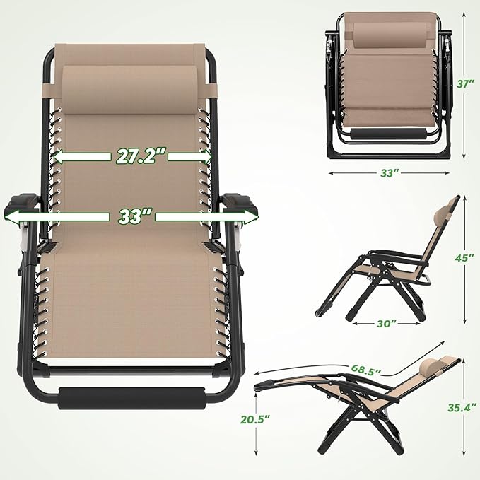 ZENPETIO Oversized Zero Gravity Chair, 33In XXL Zero Gravity Recliner Lounge Chair, Anti Gravity Chair for Indoor and Outdoor, Reclining Camping Chair for Lawn and Patio w/Cushion and Footrest, 500LBS