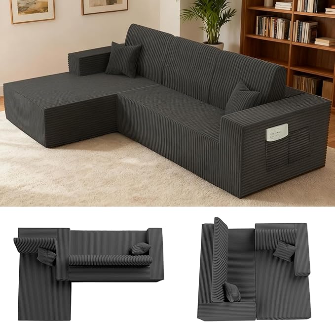 Komusou 110" Boneless Couch, Cloud Modular Sectional Sofa with L-Shape Chaise, Modern Upholstered Couches for Living Room Bedroom No Assembly Required (Grey, Left Facing Chaise)
