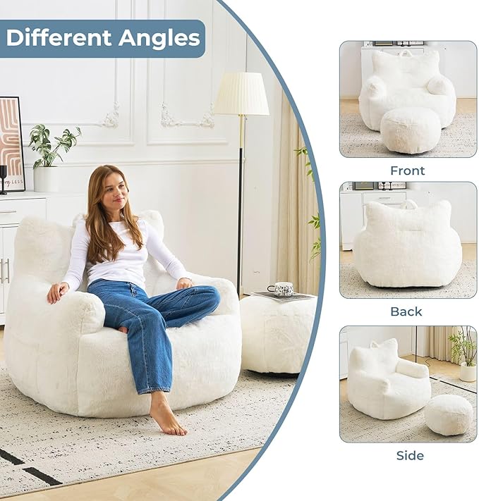 Giant Bean Bag Chair for Adults with Ottoman, Oversized Bean Bag with Filling Plush Fluffy,BeanBag Lazy Sofa Couch with Armrest for Living Room, Stuffed Floor Sofa with Sidepocket for Bedroom, Beige