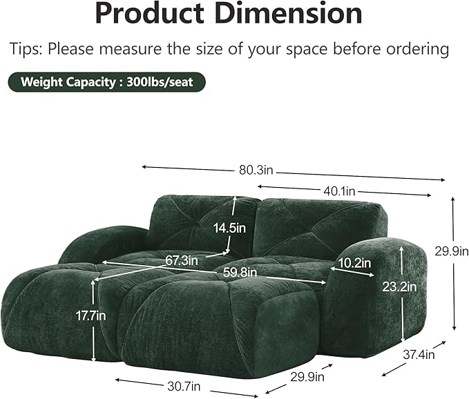Modular Sectional Sofa with Free Combination,Boneless Floor Couch for Small Spaces, Living Room & Lounge,Velvet 2-Seater Sectional Couch with 2 Ottomans,No Assembly Needed