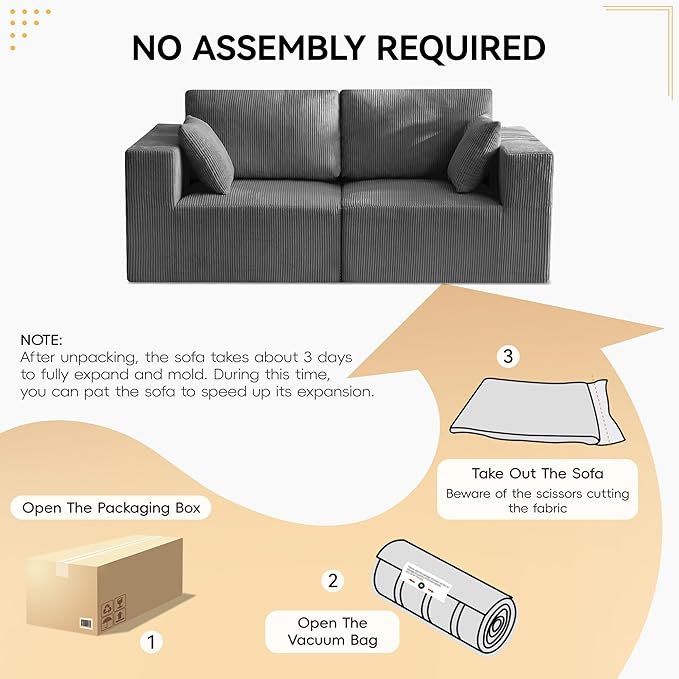83'' Boneless Loveseat Sofa, Comfy Deep Seat Sectional Cloud Couch, No Assembly Corduroy Love Seat for Living Room, Grey