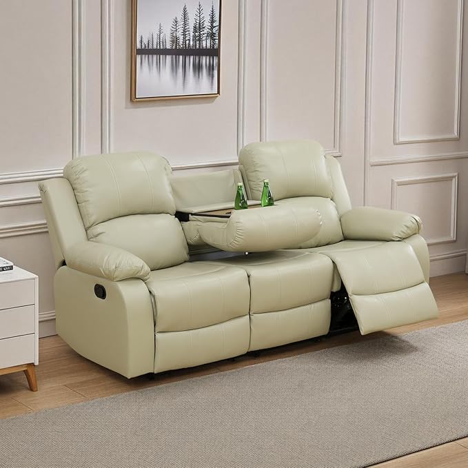 Caberryne Leather Recliner Sofa，Reclining Sofa for Living Room Furniture Sets，Beige Wall Hugger Recliner Couch with Cupholder for Living Room/Office/Theater Seating(3 Seater Sofa)