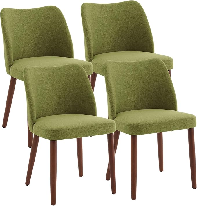 ElfinAura Dining Chair Set of 4, Linen Upholstered Dining Chair with Wood Legs, Wing Backrest, Wooden Kitchen Chair, Kitchen Chairs with Thick Cushions for Dining Room, Living Room, Green