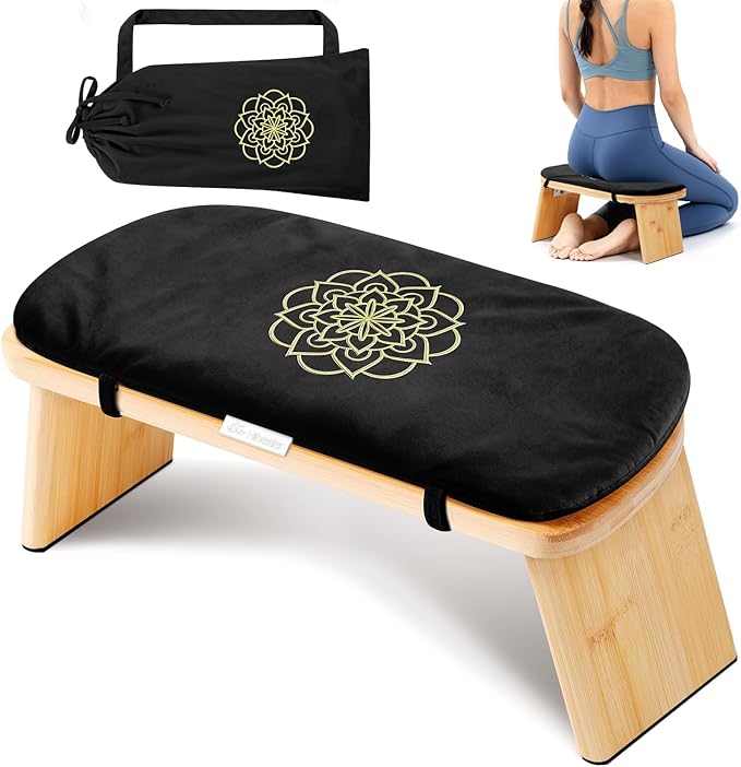 Hihealer Folding Bamboo Meditation Bench with Cushion & Carry Bag – Ergonomic Yoga and Prayer Stool for Comfort and Posture Support (Black)