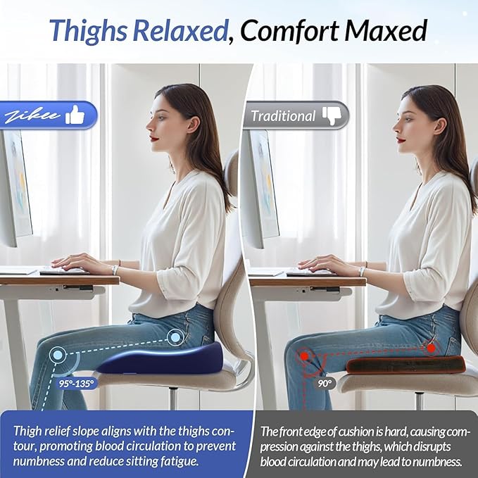 ZIKEE Ergonomic Seat Cushion with Thigh Relief Slope, Office Chair Cushion with Premium Memory Foam for Car, Home, U-Shaped Design Alleviates Hip, Tailbone Pain, Anti-Slip Sciatica Pain Relief Pillow