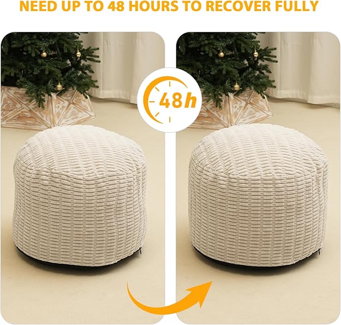Round Stuffed Pouf Ottoman for Foot Rest, Storage Ottoman Pouf Foot Stool Cushion, Faux Fur Poufs with Foam Chunk Filling, 26 X 18 Inch Floor Chair for Living Room Bedroom Home Decor, Beige