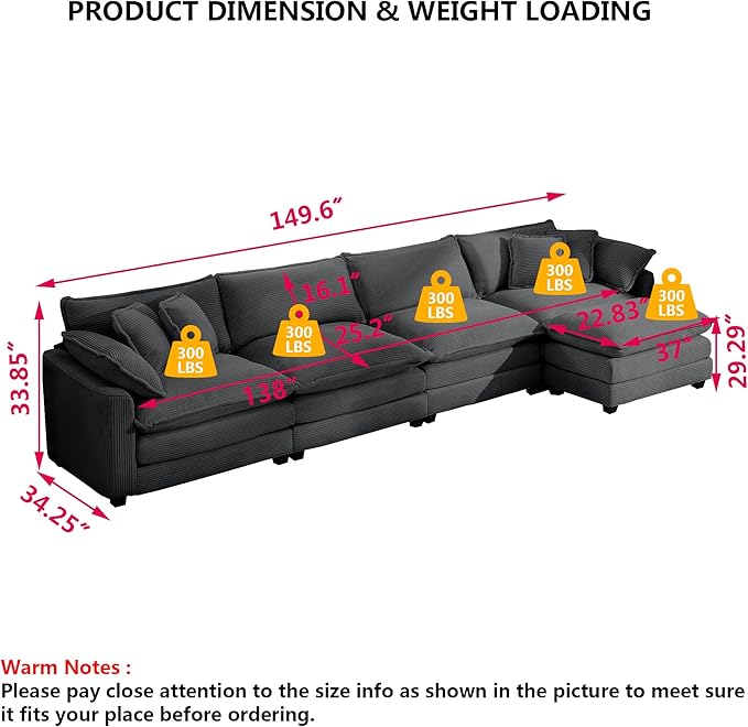 Aoowow Corduroy 4 Seater Cloud Couch with Ottoman,Modern Cloud Couches for Living Room,Modular Sectional Cloud Sofas with Deep Seat,Oversized Tufted L-Shaped Sofa Set. (Grey, 4 Seater + 1 Ottoman)