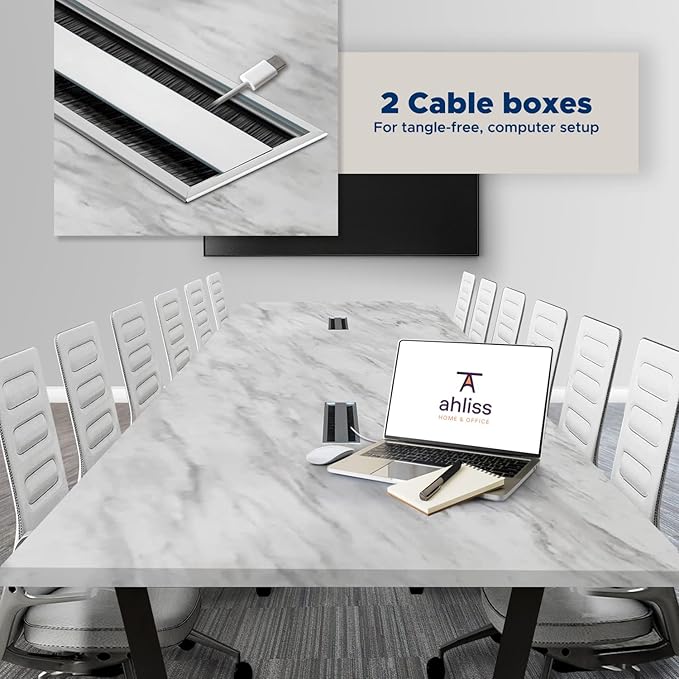 ahliss Sturdy Conference Table with Cable Management Grommets Modern Rectangle Office Meeting Table with Wood Tabletop and Metal Frame & Legs- Easy Assembly Boardroom Table (White Marble, 12 Foot)
