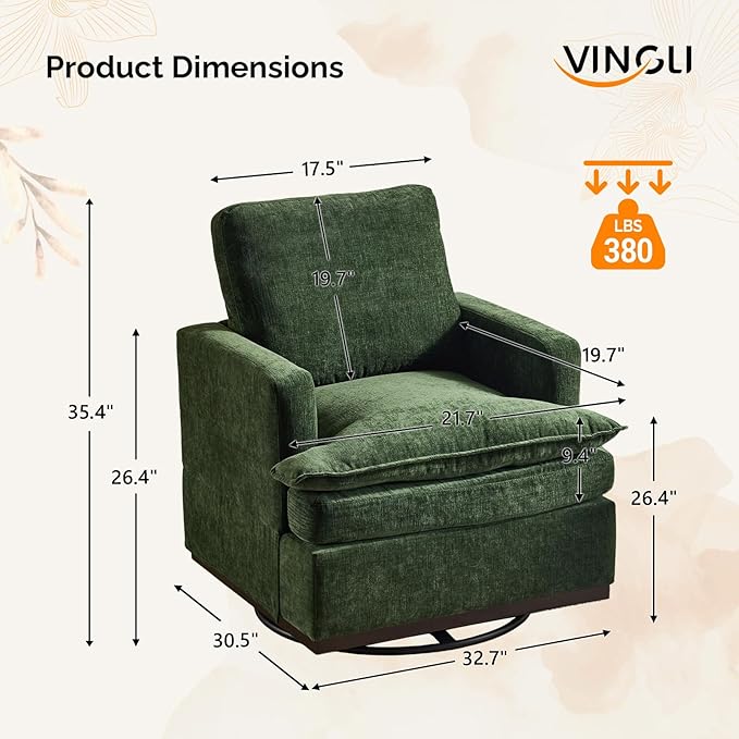 VINGLI 360° Swivel Mid-Century Modern Accent Armchair with Double-Layer Seat Cushions, Comfy Single Square Sofa, Upholstered Club Chair for Living Room,Bedroom, Reading Room, Chenille Green