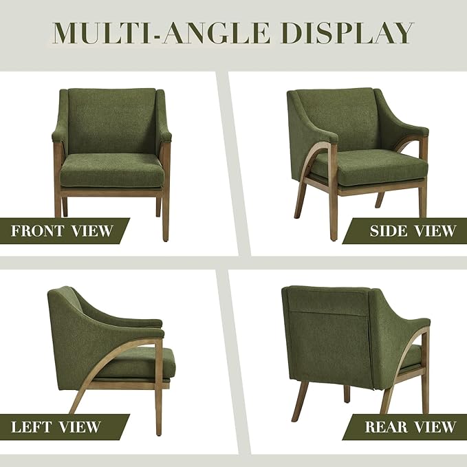 CIMOTA Mid Century Modern Accent Chair with Barrel Back, Upholstered Armchair Comfy Reading Chair with 4" Thick Cushion, Solid Wood Legs for Living Room/Bedroom/Reading Corner, Linen Fabric, Green