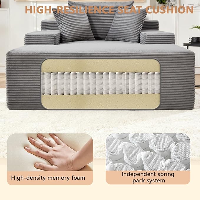 67.3'' Oversized Chaise Lounge Chair Indoor,Corduroy Boneless Couch with 3 Pillows Wide Armrest,Comfy Cloud Couch Sleeper Sofa Reading Chairs for Living Room Bedroom,No Assembly Required (Grey)