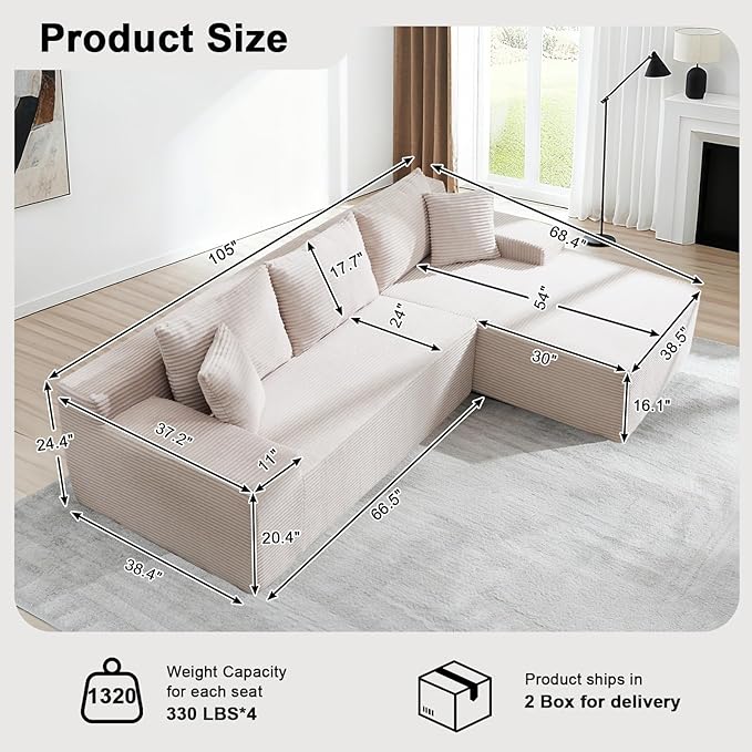 105" Cloud Modular Sectional Couch with L-Shape Chaise, Upholstered Corduroy Couches for Living Room, No Assembly Required Deep Seat Boneless Sofa