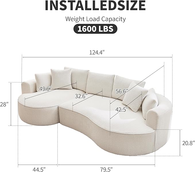 Opiesit 124" Oversized Boneless Couches for Living Room, Sectional Curved Sofa with 7 Pillows, L-Shape Boneless Couch with Deep Seat, High-Density Memory Foam, No Assembly Required, Chenille (White)