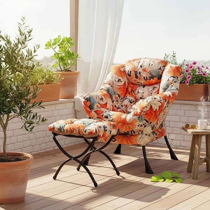 Welnow Lazy Chair with Ottoman, Modern Lounge Accent Chair with Armrests and a Side Pocket, Leisure Sofa Armchair Set, Reading Armchair with Footrest for Small Space, Orange Blue