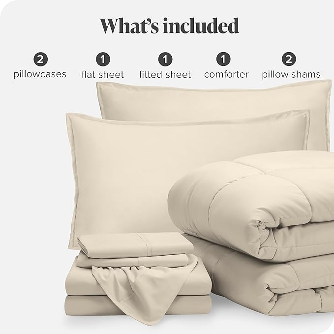 Bare Home Bed-in-A-Bag 7 Piece Comforter & Sheet Set - Full - Goose Down Alternative - Ultra-Soft 1800 Premium - Bedding Set (Full, Sand/Sand)