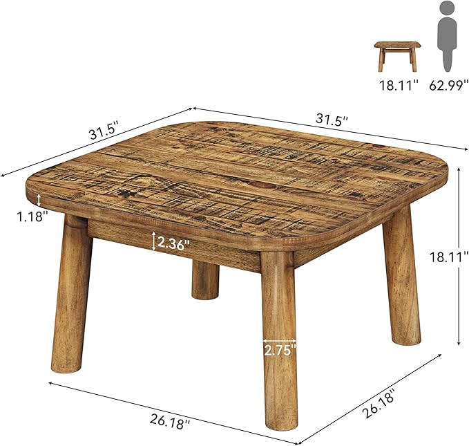 TRIBEWOOD Solid Wood Square Coffee Table, 31.5-Inch Farmhouse Center Table with Rounded Corners, for Living Room, Office, Apartment, Small Places, Easy Assembly, Rustic Brown