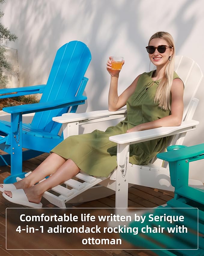 Folding Adirondack Rocking Chair,4-in-1 Multifunctional Patio Chair with Retractable Ottoman, Outdoor Chair Wood Texture, Lawn Chair for Porch, Backyard, Pool(Pacific Blue)