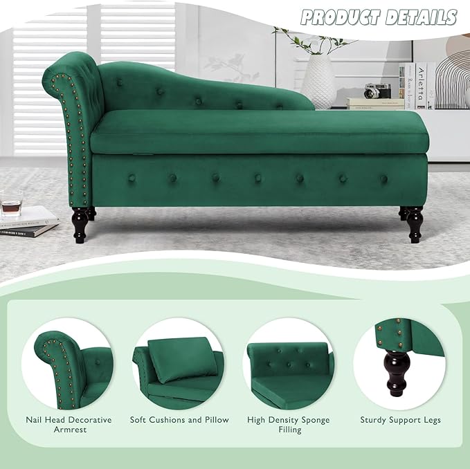 ACMEASE Upholstered Chaise Lounge with Left Armrest & Lumbar Pillow,Button Tufted Lounge Sofa with Storage,Lounge Chair Indoor,Modern Velvet Lounge Chair for Bedroom, Living Room and Office,Green