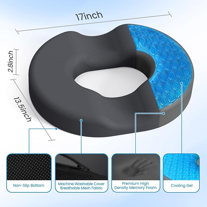 CushZone Donut Pillow Seat Cushion - Cooling Gel Floor Pillow, Memory Foam Floor Cushion for Office & Home, Car Seat, Hemorrhoids Pillow, Sciatica & Tailbone Pain Relief Chair Cushion, Grey