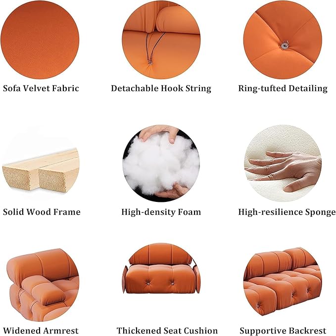 JACH 104" Sectional Couches for Living Room, L-Shaped Minimalist Velvet Sofas, Mid-Century Modular Sofa with Reversible Chaise Ottoman, Orange Sofas Furniture for Living Room, Apartment