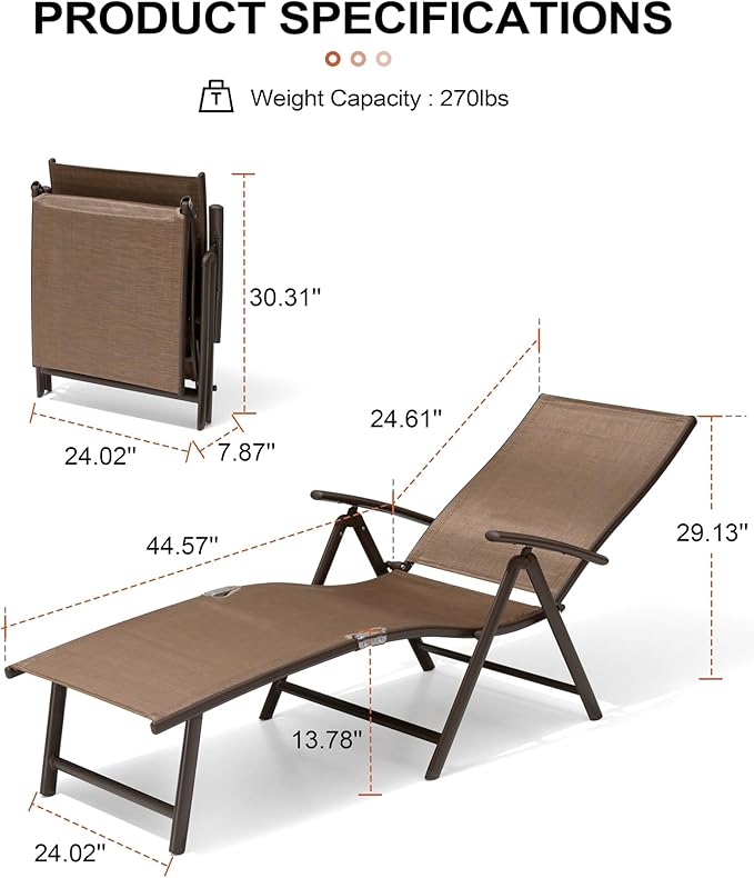 Crestlive Products Chaise Lounge Chair Outdoor Set of 2, Aluminum Folding Patio Recliner Chair, Adjustable 8 Positions Assemble-Free Perfect for Beach, Yard, Pool, Deck
