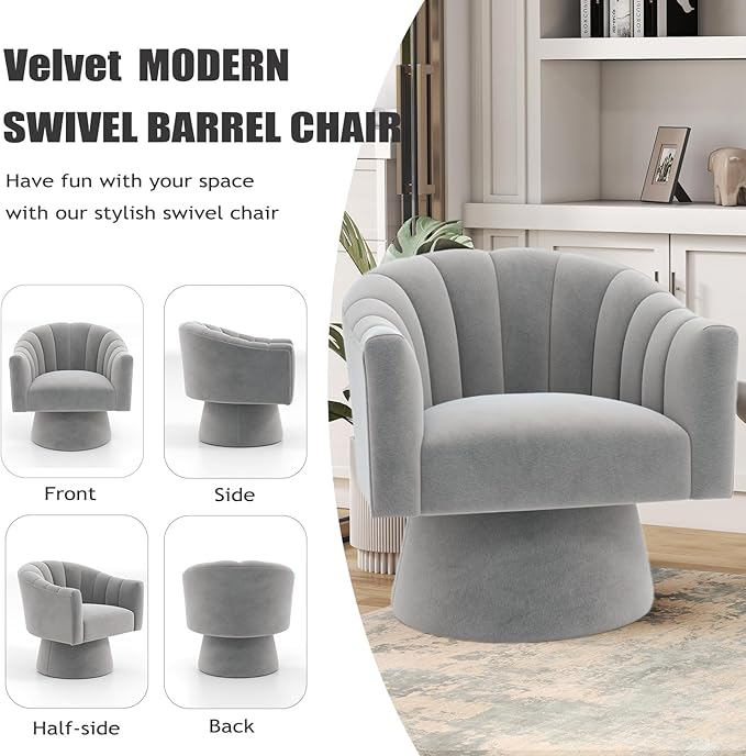 Swivel Accent Chair Set of 2, Upholstered Velvet 360° Swivel Barrel Chair for Living Room Overstuffed Bouncle Reading Chair Round Armchair for Bedroom,Vanity,Office (Grey)