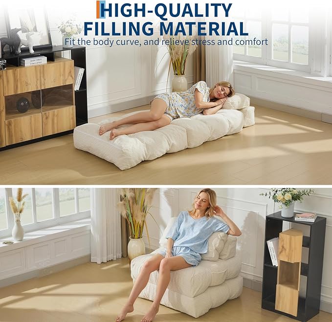 Garvee Folding Sofa Bed, Convertible Sleeper Chair with Pillow Foldable Mattress with Back Support, Boneless Fold Out Chair Bed Comfy Floor Sofa Lounge for Living Room, Bedroom, Beige, Single