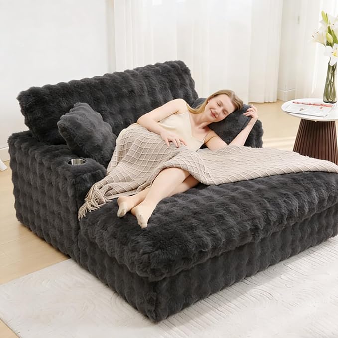 52.5 Inch Oversized Chaise Lounge Chair Indoor, Faux Fur Upholstered Sleeper Couch, Ergonomic Deep Seat Sleeper Sofa with Plush Pillows, Cup Holders, USB Port, Reading Chairs for Living Room/Dark Grey