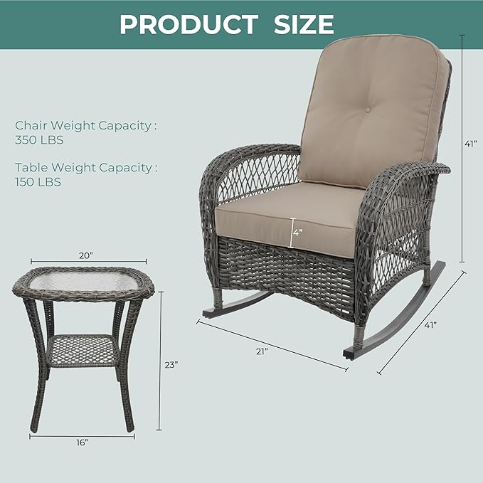 Sgentle Wicker Rocking Chair Set of 2, 3-Piece Outdoor Patio Rocker Chair with Cushions & Steel Frame, All-Weather Outdoor Rattan Rocking Chair for Lawn Porch Garden (Brown, Style 3)