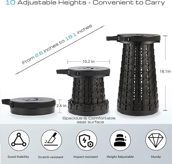 KOKSRY Upgraded 18-Inch Collapsible Stool with Cushion, 800lbs Capacity, Heavy Duty Yet Lightweight, Taller Portable Retractable Folding Stool for Adults for Camping, Fishing, Hiking, Travel, BBQ