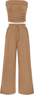PRETTYGARDEN Womens Summer Outfits 2 Piece Sets Casual Ribbed Knit Crop Tube Top Wide Leg Pants Spring Matching Lounge Set