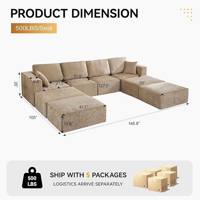 146'' Oversized Boneless Sofa Bed, 4 Seater Modular Sectional Couch with 4 Movealbe Ottoman, No Asswmbly Chenille Compression Sofas with Chaise for Home House, Camel