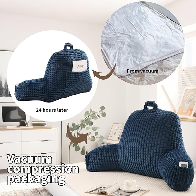 PAJEO Reading Pillow for Sitting in Bed, Large Backrest Reading Pillow with Arm Rest,Back-Rest Support Cushion for Sit Up on Couch, Sofa, and Floor(Dark Blue Flannel, Large(19"))