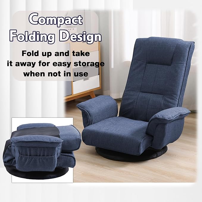 360 Degree Swivel Floor Chairs for Adults, Gaming Floor Chair with Back Support, 14 Angles Adjustable Comfortable Floor Lounge Chair Folding Video Game Chairs Office Bedroom 201(Blue)
