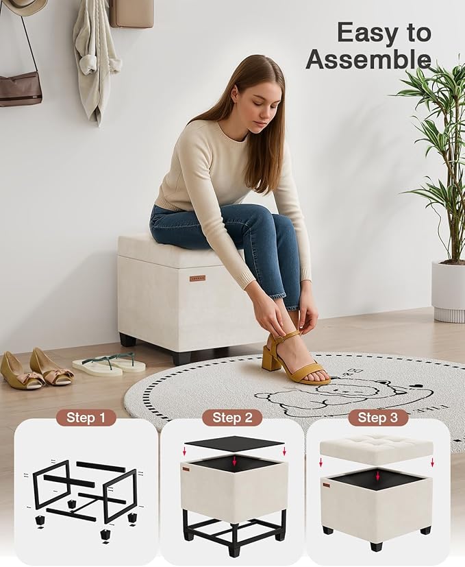 ABHENG 17.7 inches Velvet turfed Ottomans Cube with Storage, Metal-Framed Square Linen Storage Ottoman Foot Rest Stool Holds 770 LB for Dorm Living Room Bedroom White UASND64W
