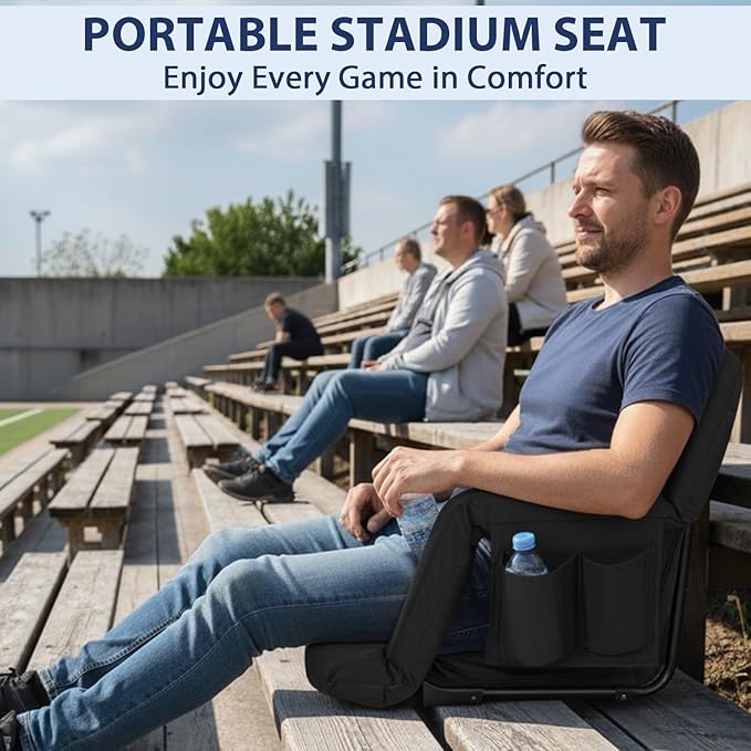 Romswi 2 Pack Etra Wide Backpack Reclining Stadium Seat with Armrests, 6 Adjustable Angle & Hidden Hooks, Bleacher Chair with Padded Backpack Straps & Multiple Pockets for Outdoor (25in)