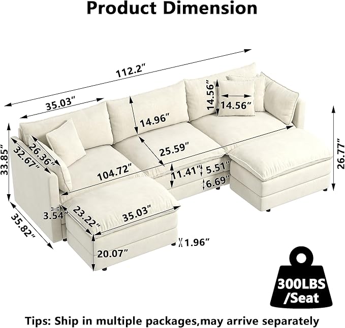 Aoowow Modular Sectional Sofa Modern Convertible U Shaped Couch,112.2 Inch Deep 3-Seater Sofas Set Comfy Chenille Cloud Sofas and Couches with Movable Ottoman for Living Room Apartment（Beige）