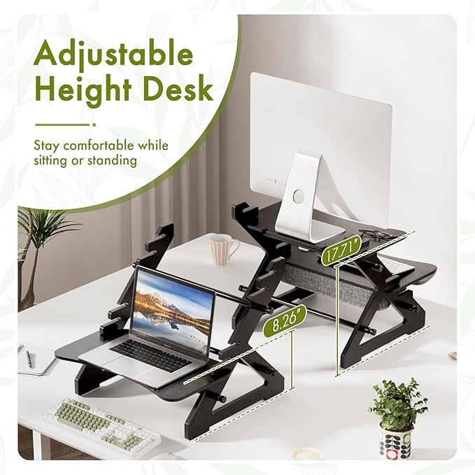 Amazer Standing Desk Converter, 22 inch Bamboo Small Sit Stand Up Desk Riser with Lap Desk Computer Desktop Desk Converter for Monitor and Laptop with Keyboard Tray, Black
