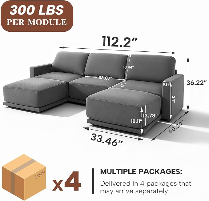 CAPCAPA 112" Modular Sectional Couches for Living Room, U-Shaped Modern Sofa with Ottomans, 5-Piece Chenille Sofa Set for Home Furniture, Dark Grey