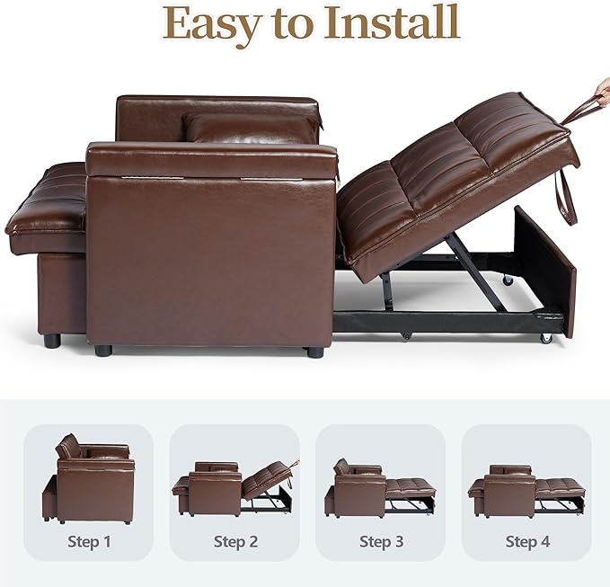 ORRD Convertible Sofa Bed, 3-in-1 Multi-Functional Faux Leather Sleeper Couch Pull-Out Bed, 48'' Loveseat Bed Chaise Lounge with Adjustable Backrest and Hidden Side Table for Living Room, Small Space