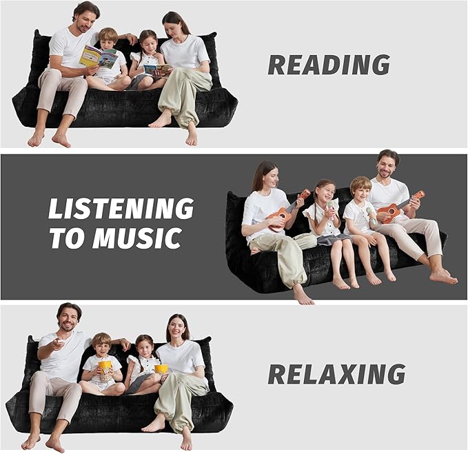 Homguava Bean Bag Chair, Giant Beanbag Chairs for Adults, Memory Foam Fireside Chair, Large Lazy Floor Sofa, Sofa Couch with High-Rebound Foam, Lounge Chair for Living Room, Bedroom (Black, 3-Seater)