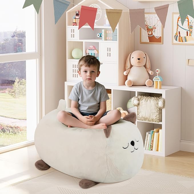 COMAX Bean Bag Chairs for Kids, Kid Beanbag Chair Cute Cat with Filler, Big Toddler Lazy Floor Stuffed Couch Sofa for Girls Boys, White
