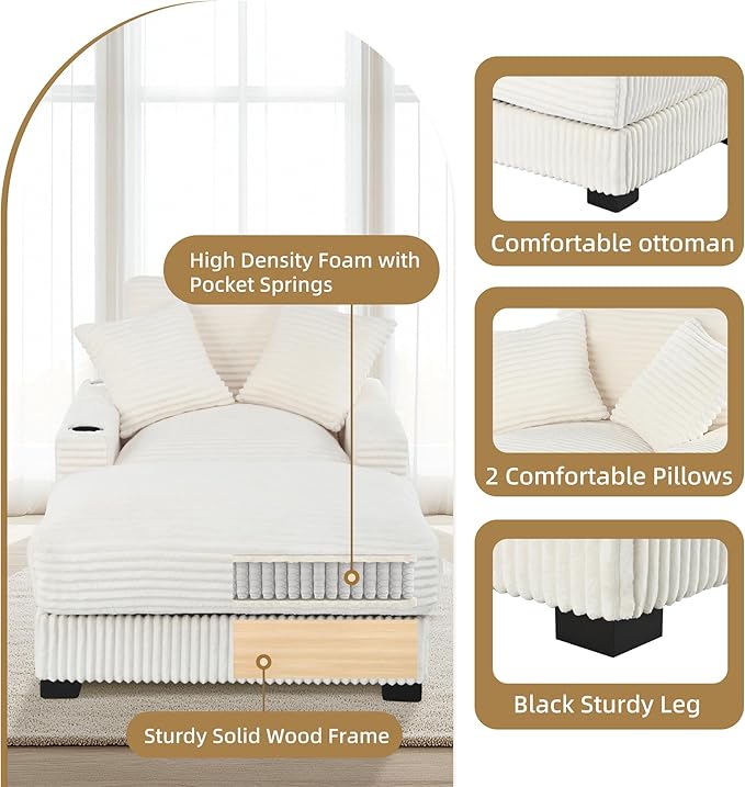 Oversized 60" Chaise Lounge Chair with Adjustable Backrest, Solid Wood Frame Corduroy Upholstery, Cup Holder USB & Type-C Port, 2 Pillows Sleeper Couch Deep Seat for Living Room, Bedroom, White