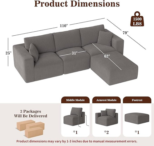 110" Modular Sectional Sofa, L-Shaped Boneless Couch, Memory Foam Cloud 3-Seater Sofa with Ottoman, No Assembly Required Corduroy Frameless Furniture for Living Room Home Decor, Grey