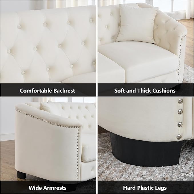 mikibama Luxury 2 Piece Chesterfield Velvet Sofa Set for Living Room, Modern Decor Furniture Sectional Sofa, 3 Seater & Loveseat Upholstered Tufted Couch for Apartment, Office, Hall(Beige)