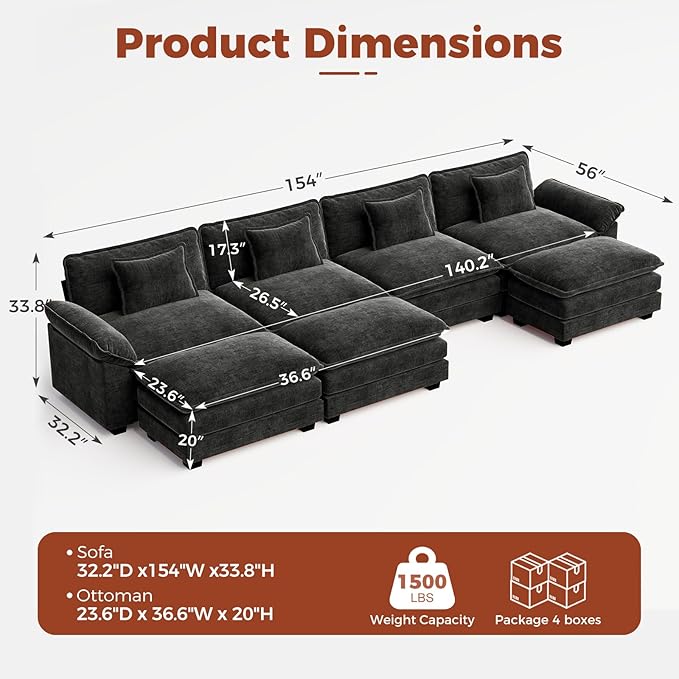 CDCASA 154" Oversized Modular Sectional Sofa, Comfy U-Shaped Cloud Couch w/ 3 Ottoman, 7-Seater Chenille Deep Seat Modern Sofa Couch for Living Room, Bedroom, Apartment, Office, Black