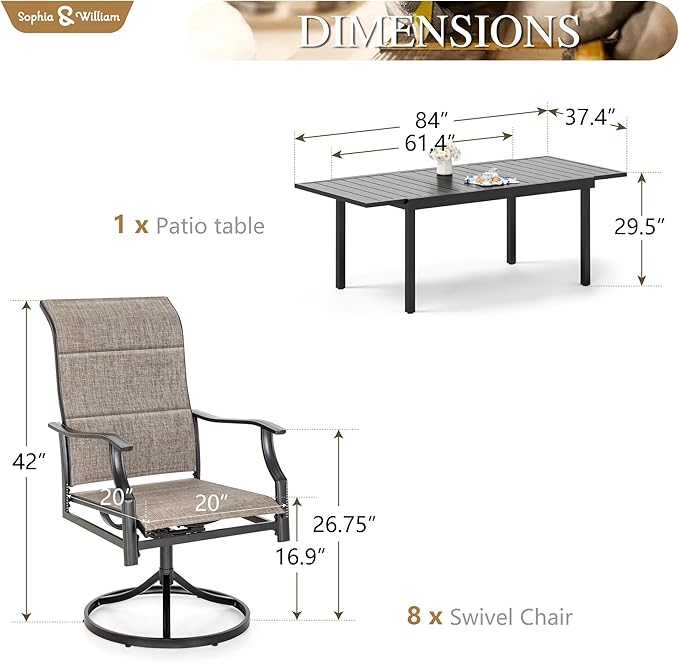 Sophia & William 9 Piece Outdoor Patio Dining Set, Patio Furniture Set with 8 Swivel High Back Patio Dining Chairs and Expandable Metal Table, Textilene Fabric for Backyard, Poolside, Balcony