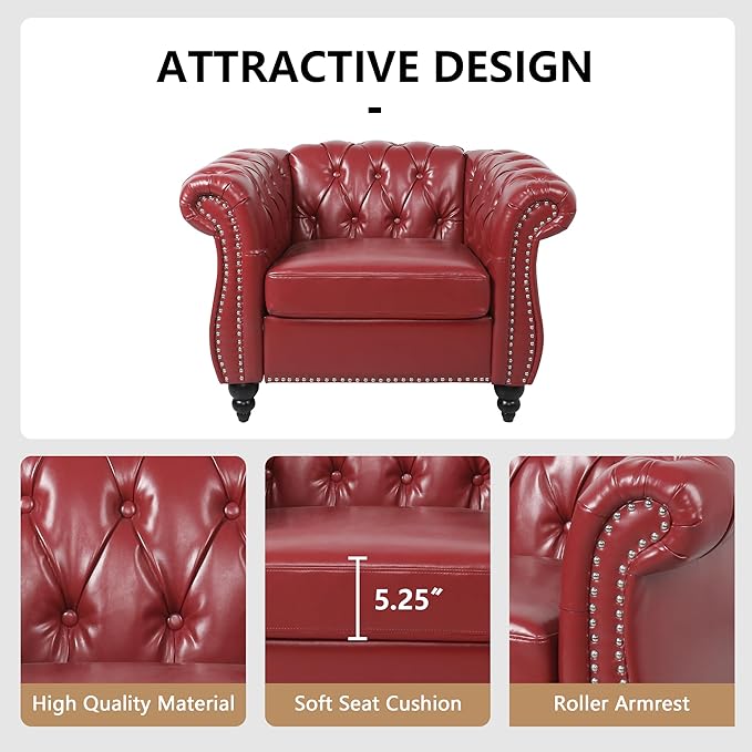 QHITTY Accent Chair, Chesterfield Modern Leather Upholstered Chair with Tufted Back for Living Room Furniture (Burgundy)